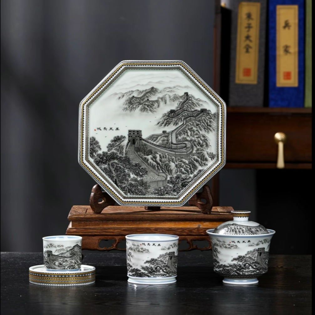 景德镇墨彩万里长城套装壶承盖碗主人杯盖置送礼自用五件套套装