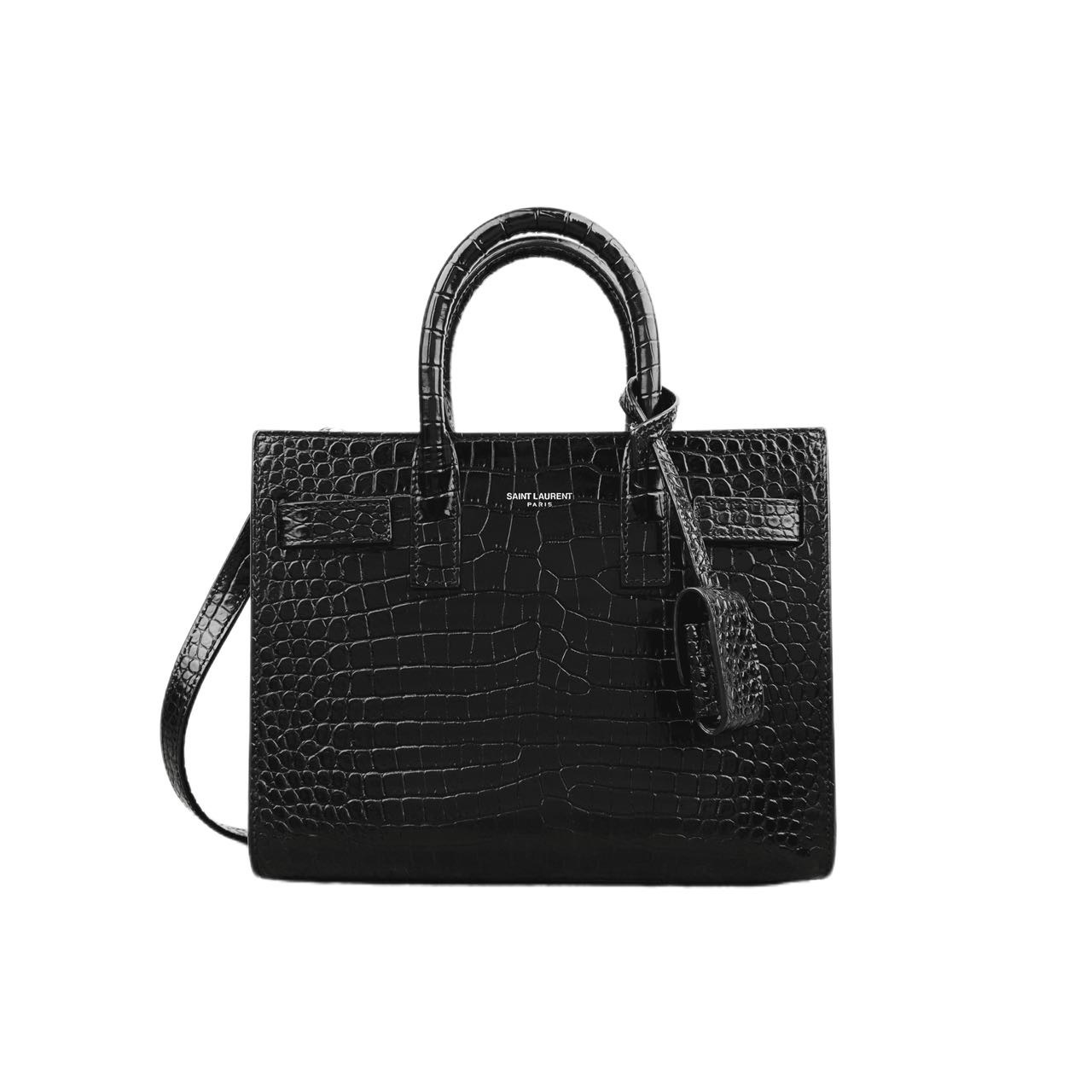 99新 YSL/圣罗兰 黑银鳄鱼压纹风琴托特包