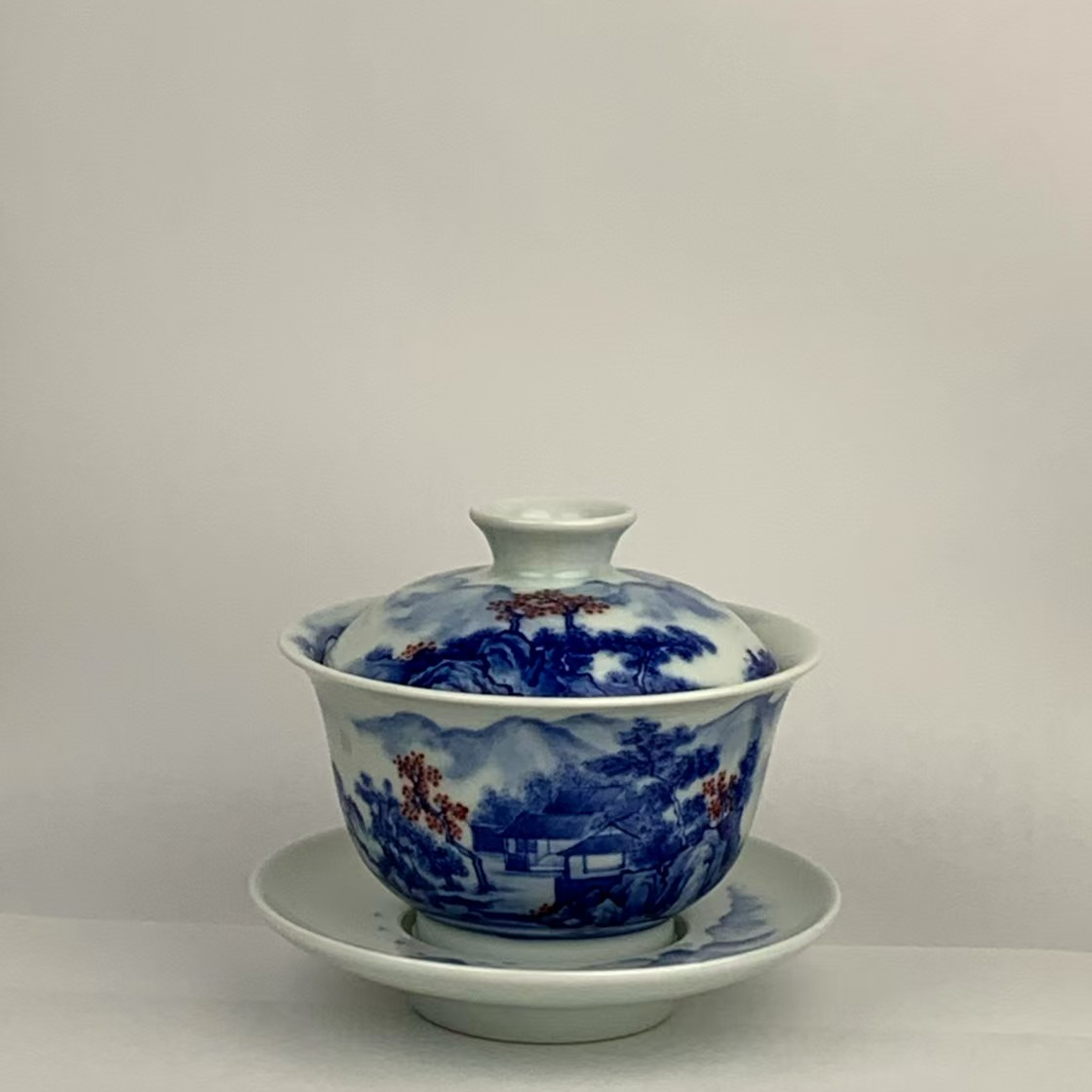 景德镇手工手绘松石山房青花釉里红三才山水盖碗口径8.8容量130