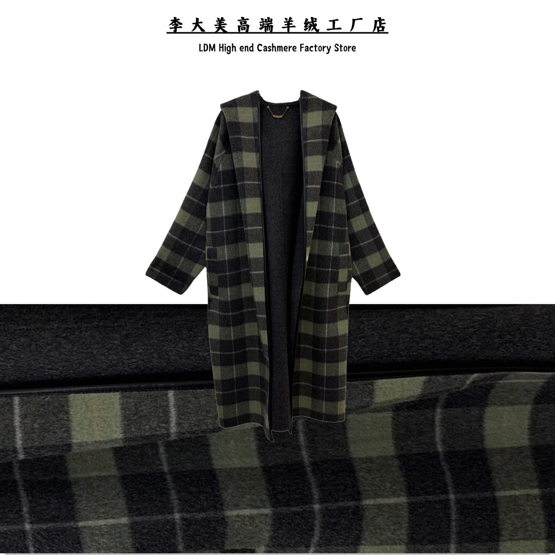 【2025秋冬新款韩系复古羊驼毛+绵羊毛格子系带长款大衣外套】9919