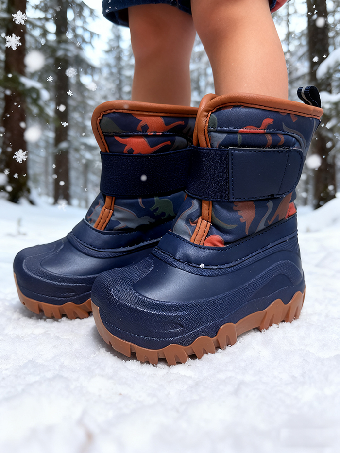 儿童恐龙印花深蓝色雪地靴 冬季加绒保暖防滑男童户外防雪棉靴