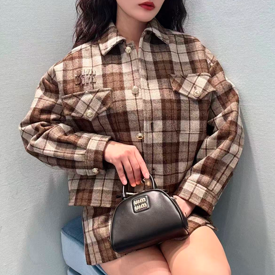 未使用 MIU MIU/缪缪 徽标格纹休闲夹克外套