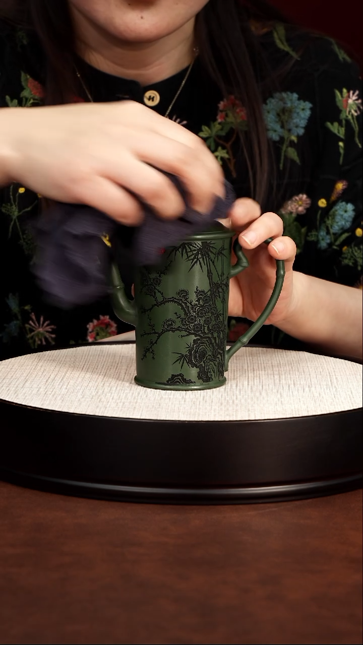 紫砂茶宠宜兴紫砂 绿泥 高竹节壶