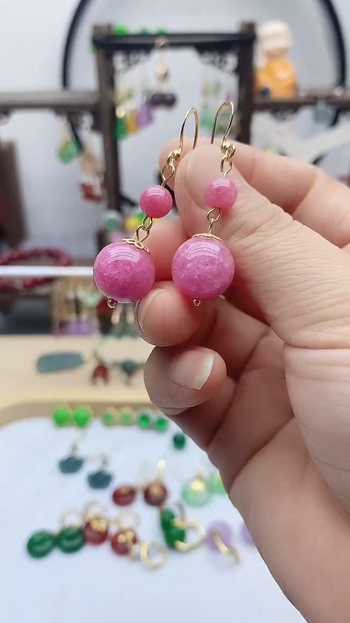 14K金镶嵌菱锰矿（红纹石）耳饰36