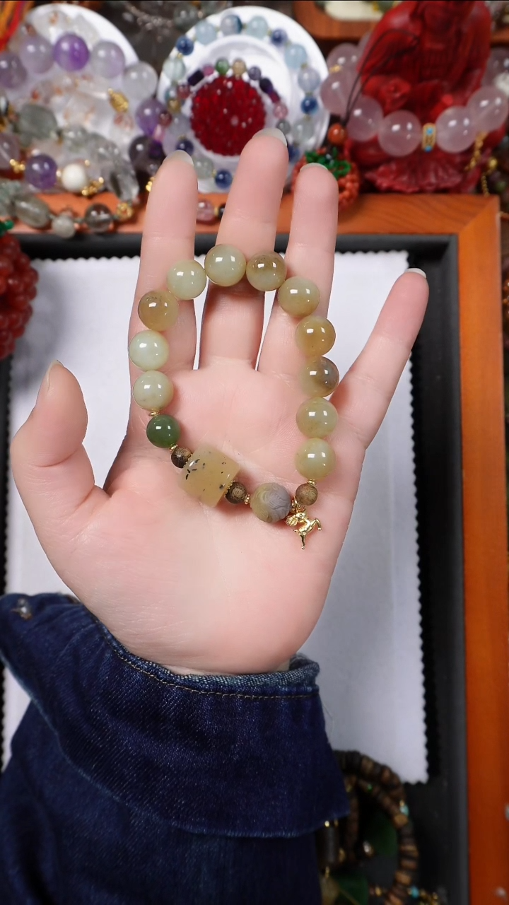 银S925镶嵌手串和田玉（糖玉）且末糖唐沁加麻糖手链