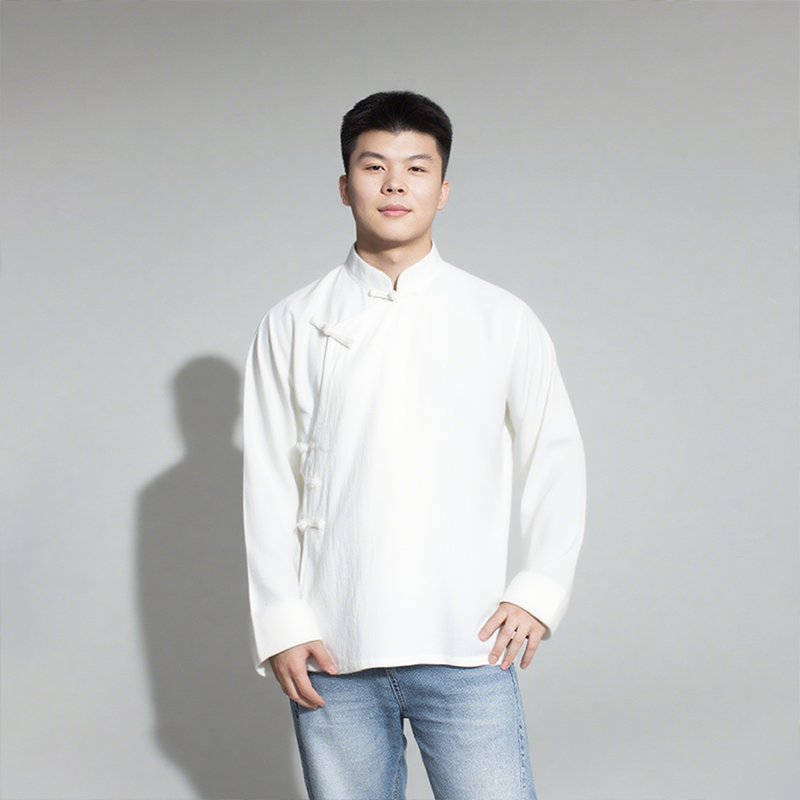 男士皱皱棉手工一字扣纯色衬衣长袖修身中长款四季通用藏族服饰