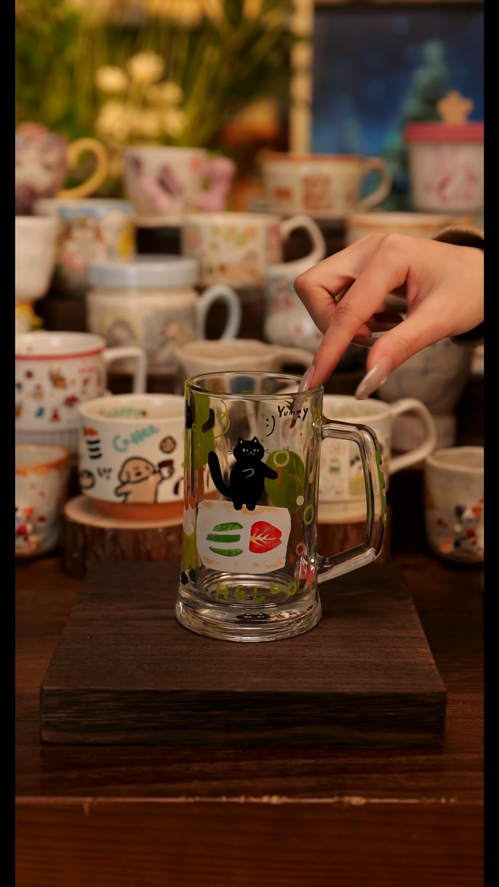 陶瓷手柄款阿满玻璃杯   小猫饮料杯 