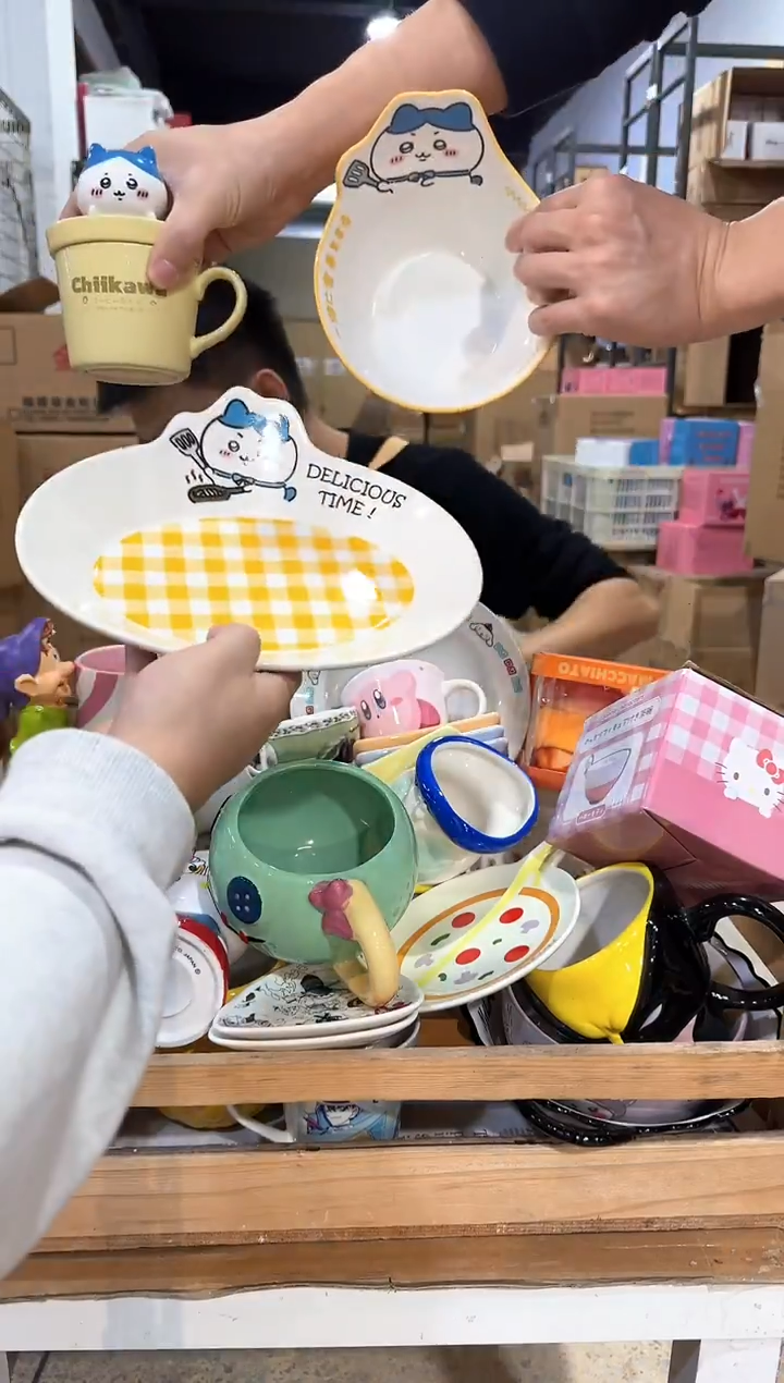 瓷片原盒小八杯碗盘3件套