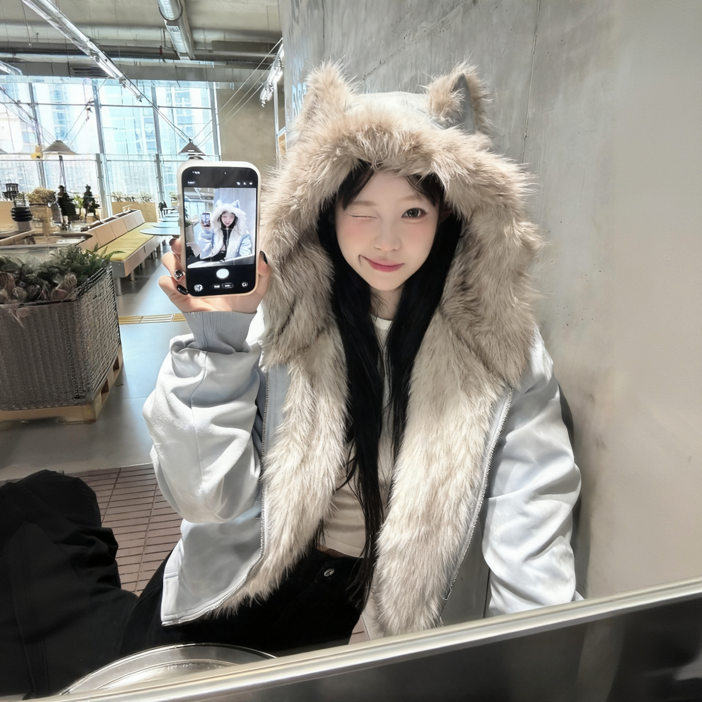 设计感猫耳朵座山雕连帽麂皮绒加厚保暖棉衣棉服女短款冬季外套潮