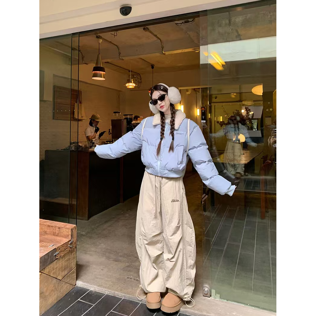 毛领拉链保暖长袖女2025冬季新款印花棉服套装8258