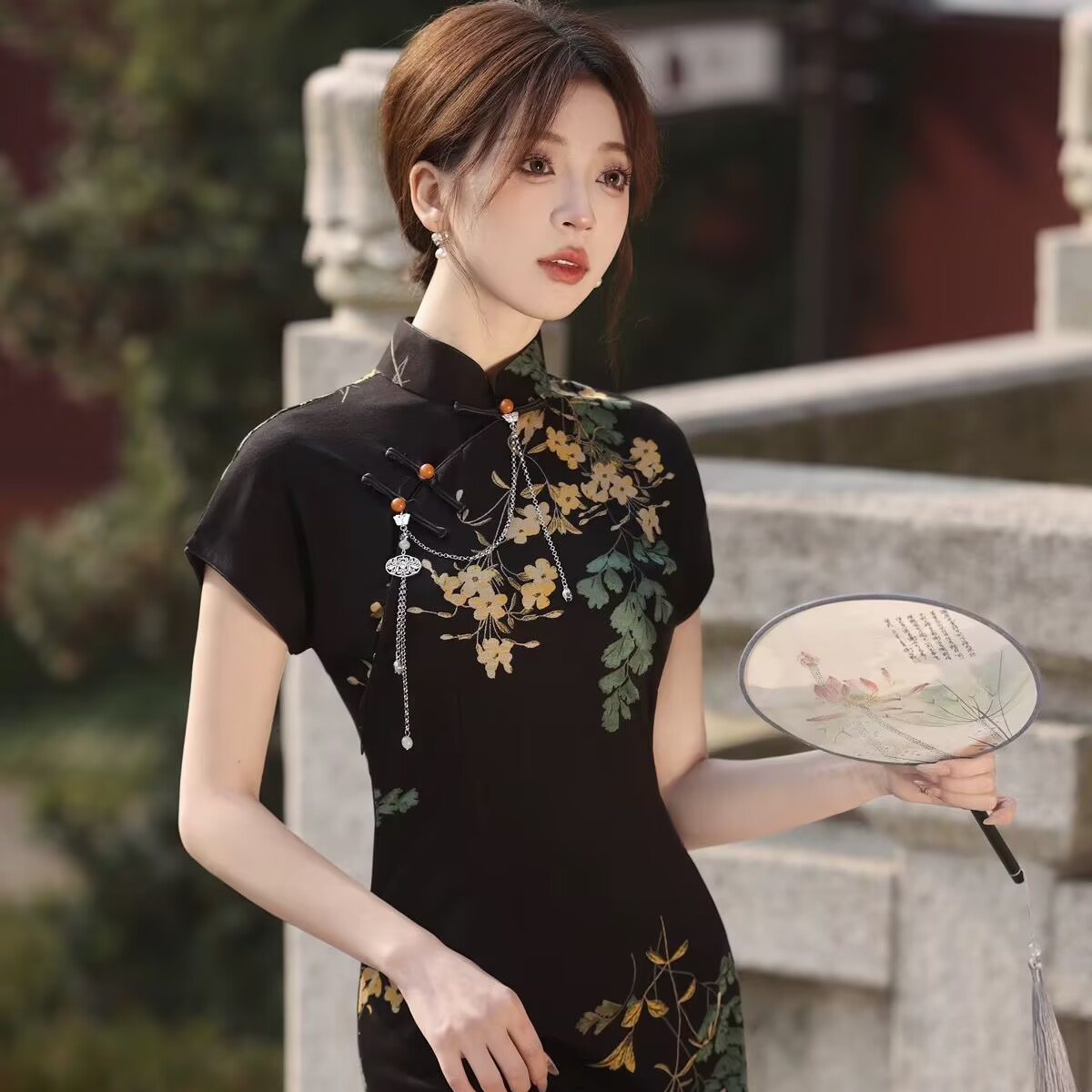 一字扣中长款中式优雅薄款网红黑色提花双层日常中国风薄旗袍