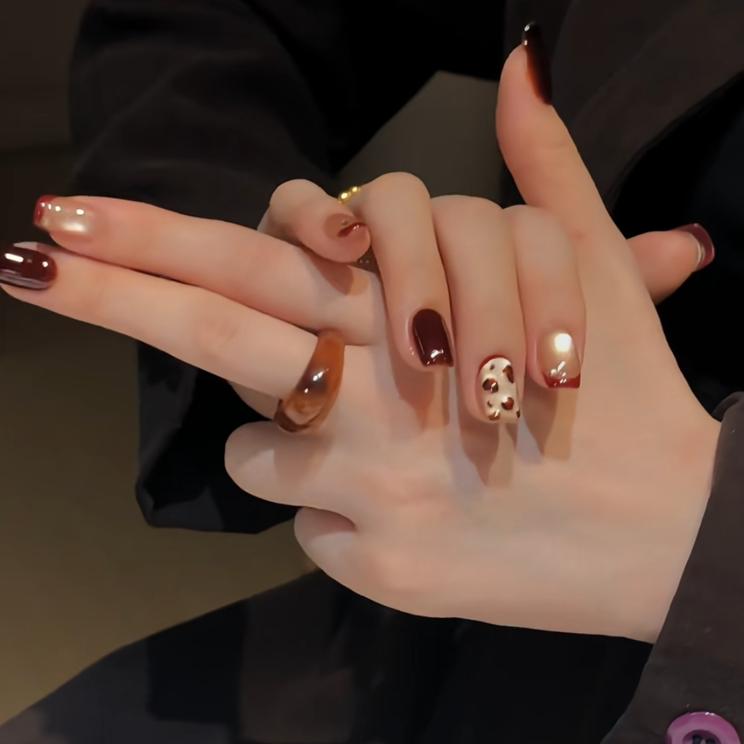 【法式豹纹】初秋季新款爆闪香槟猫眼美甲穿戴甲短款显白穿戴美甲