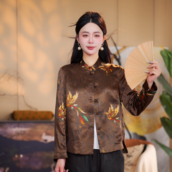 李 手绘金凤凰重锻新中式短外套 103268时尚休闲百搭 100桑蚕丝