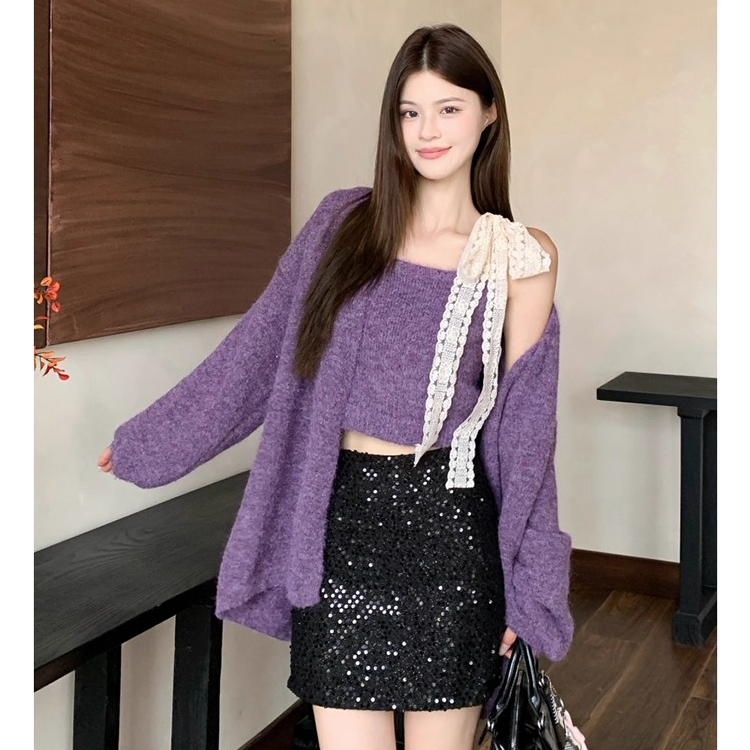 温柔风高级感时尚套装女秋季2025新款内搭吊带长袖毛衣外套两件套