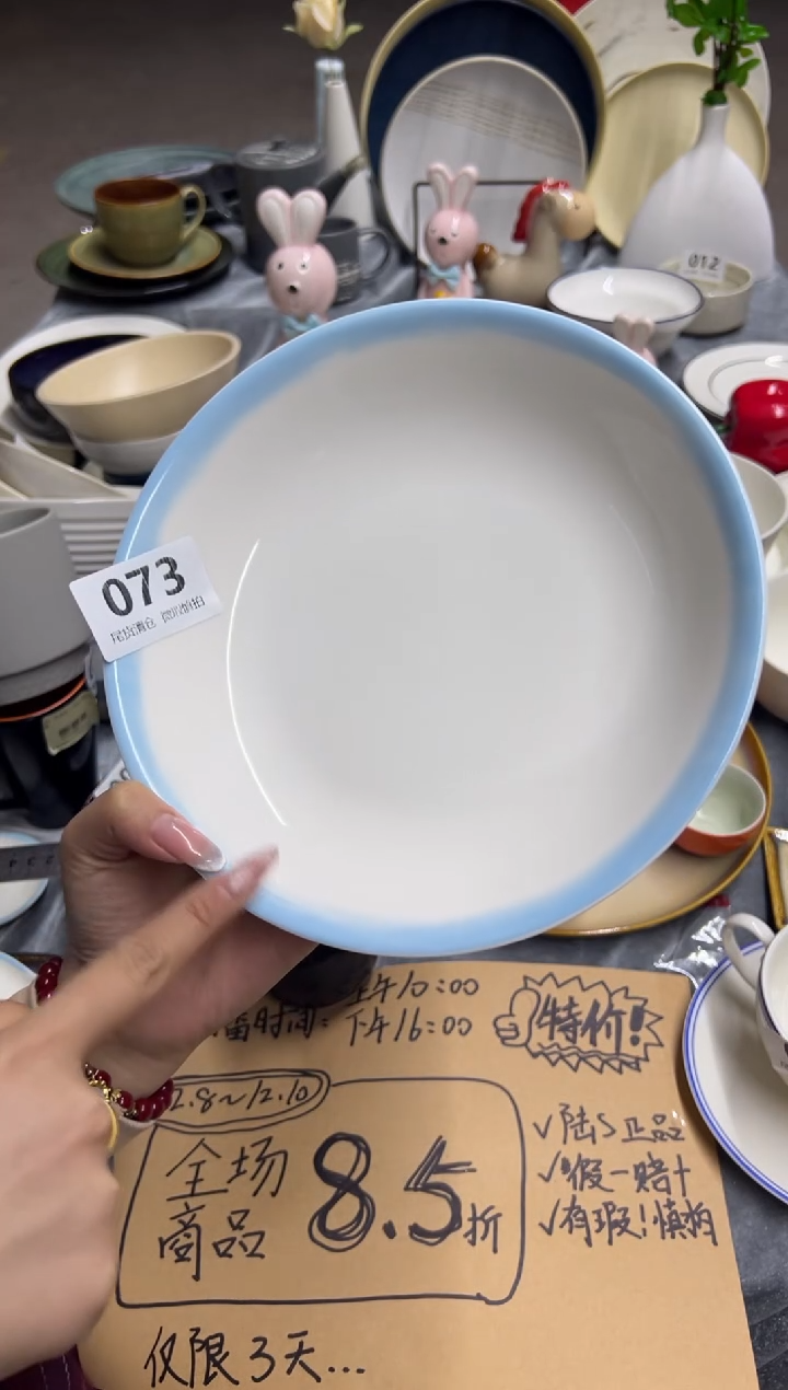 新骨瓷073瑕疵 浅蓝笔刷  8,5寸 反口深盘  全标 
