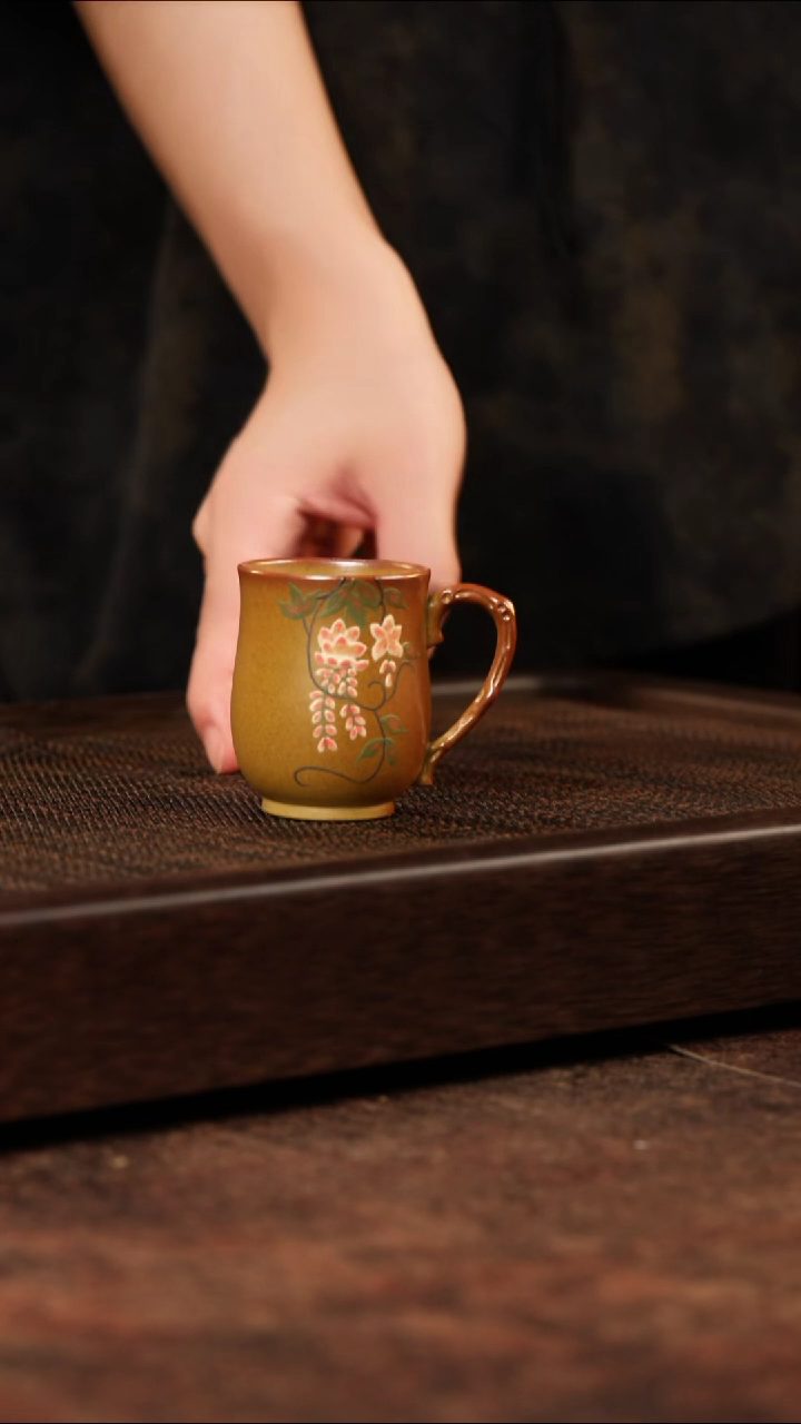 茶壶紫砂柴烧泥绘玉兰杯