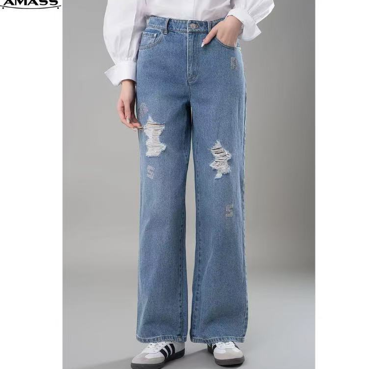 早春新款简约休闲时髦破洞百搭烫钻直筒牛仔裤510008