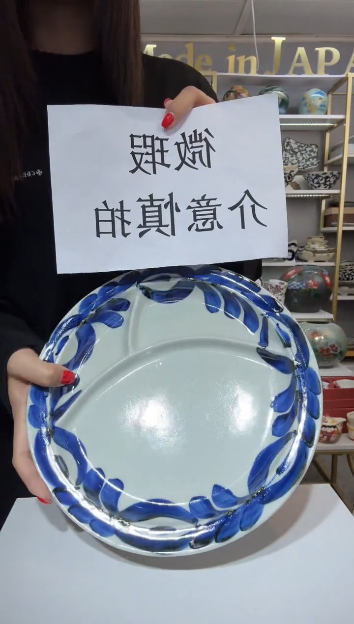 陶瓷手绘蓝海草分隔盘24cm微瑕（有黑点介意慎拍）