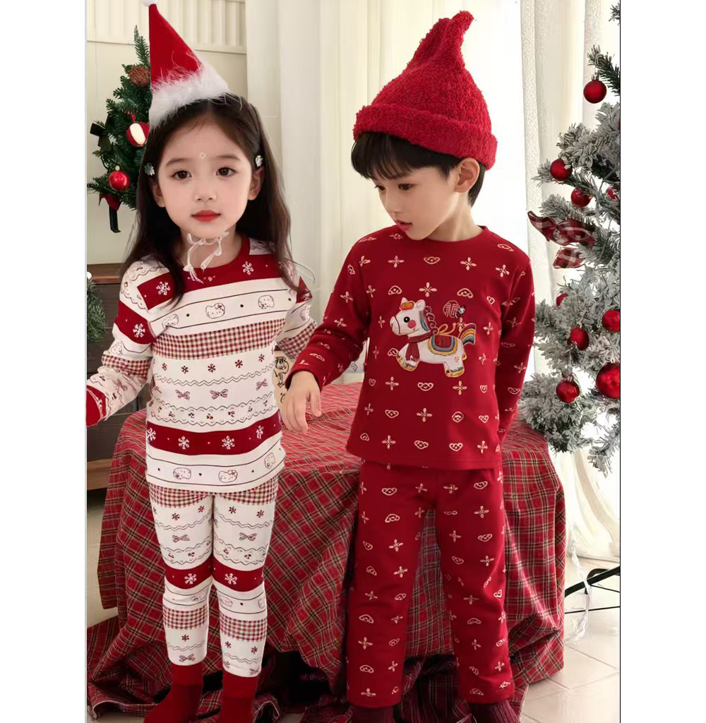 【爱啦】西瓜档纯棉300克2026新年款儿童家居服套装红色秋衣秋裤