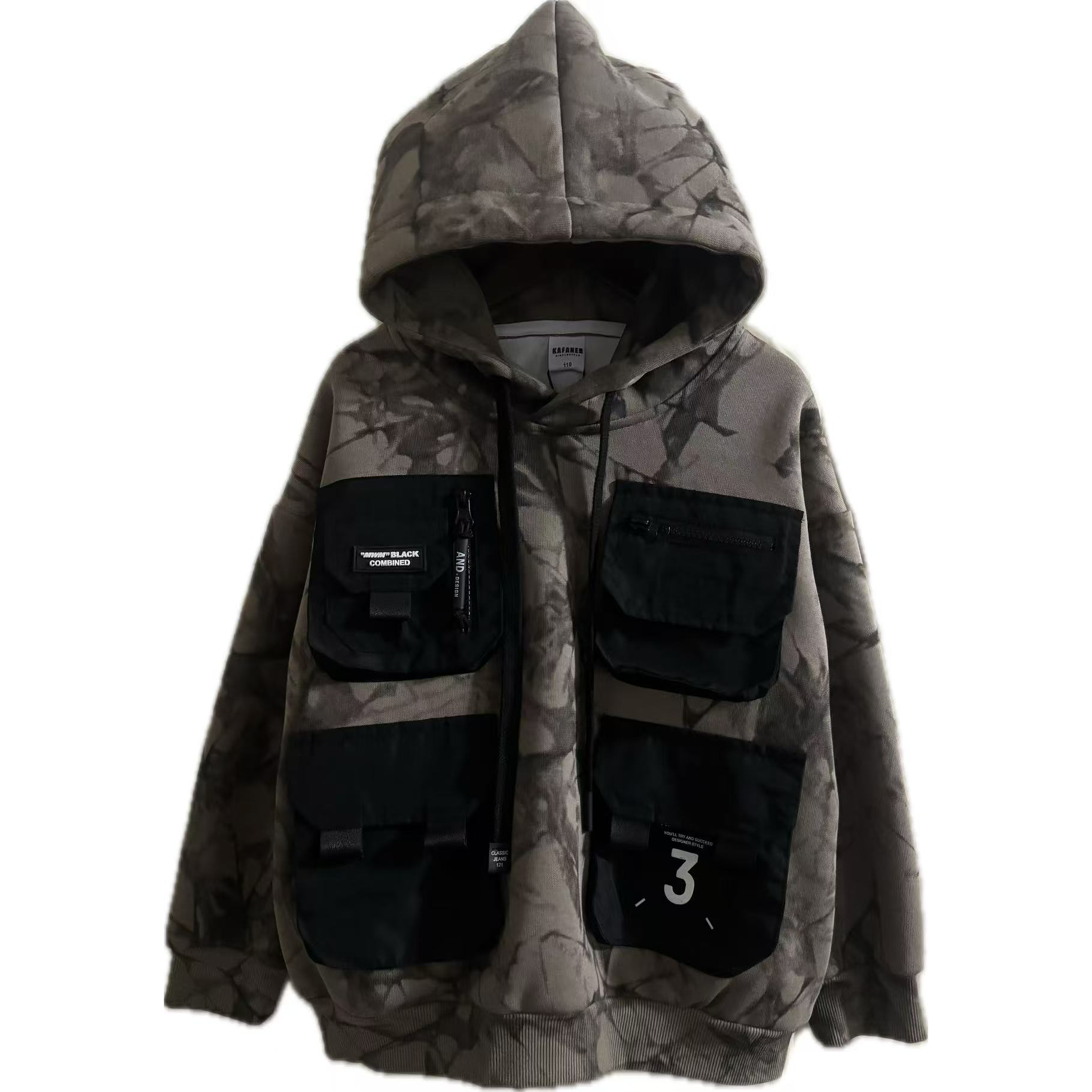 潮童035新年扎染字母工装立体口袋连帽卫衣红色时尚男童带帽