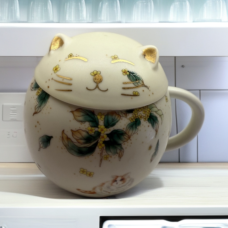 萌猫大容量带盖办公会议可爱茶杯1588手工陶瓷手绘汝窑老虎彩绘