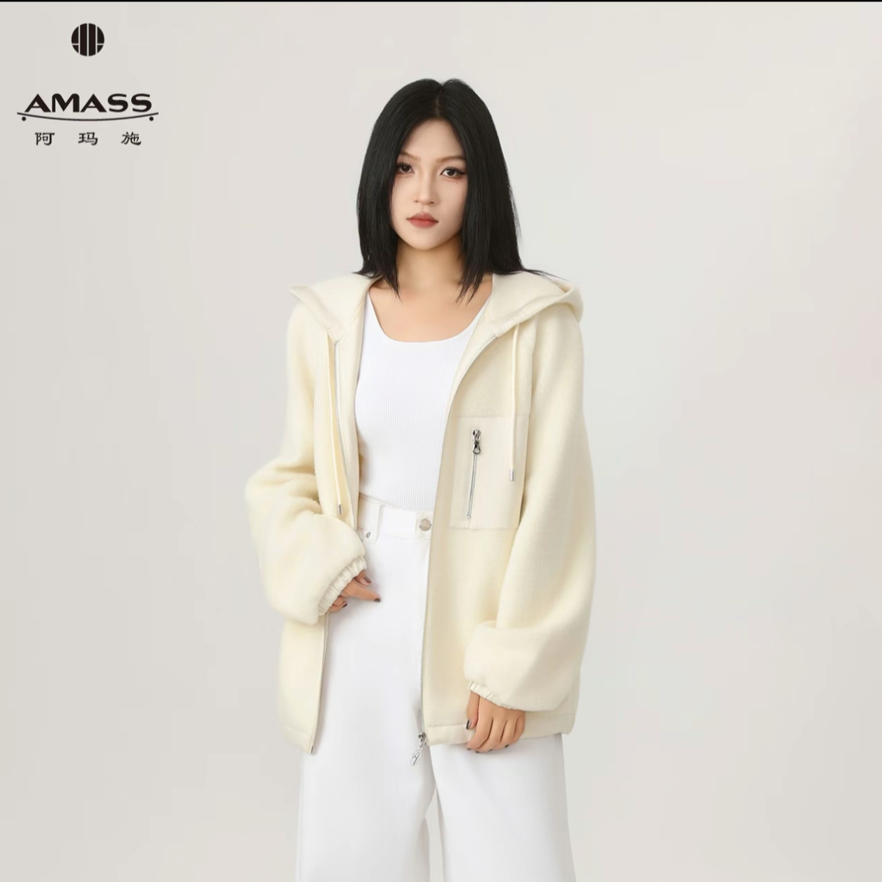 AMASS/阿玛施美丽诺绵短款外套休闲羊羔绒帽衫加厚女装540086