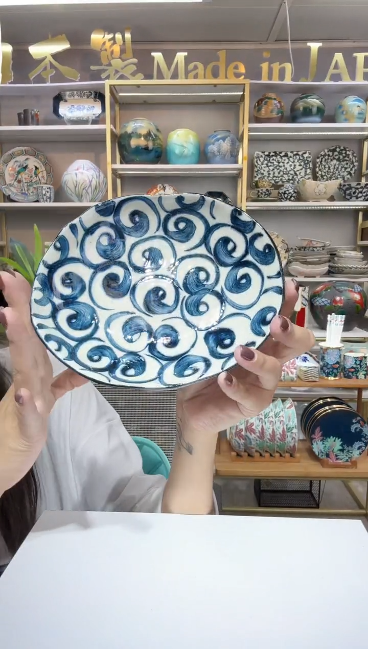 陶瓷宗山窑椭圆甜品盘-旋涡17.5cm*14.5cm