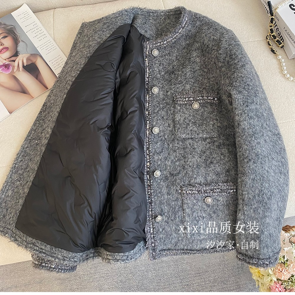 羊毛灰色小香风充棉加厚女冬季新款高端法式亮片千金感大衣外套