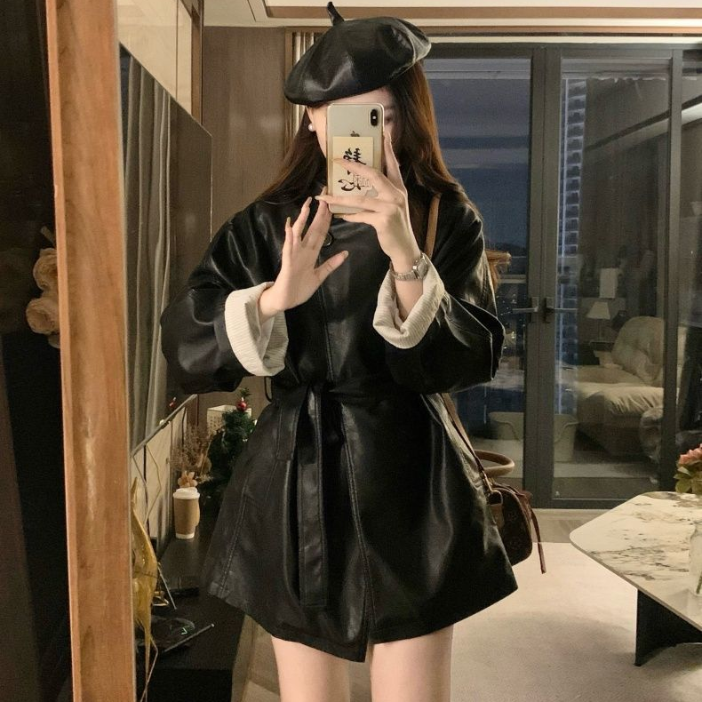 甜酷风黑色皮衣外套女春秋新款收腰气质显瘦中长款风衣夹克上衣潮