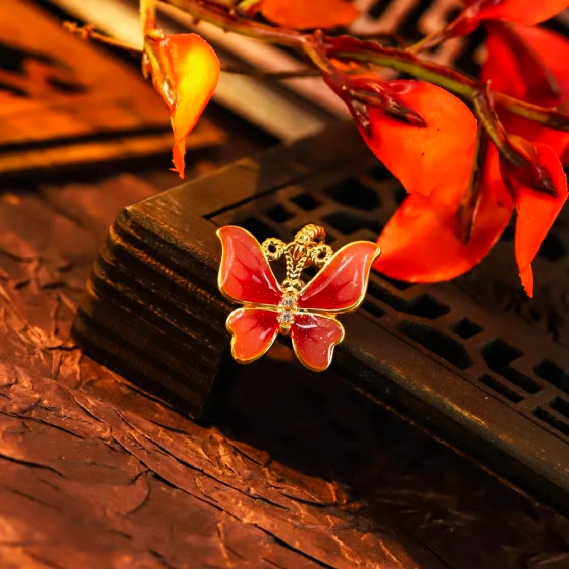 （七夕专享）18K珐琅粉蝴蝶新中式吊坠