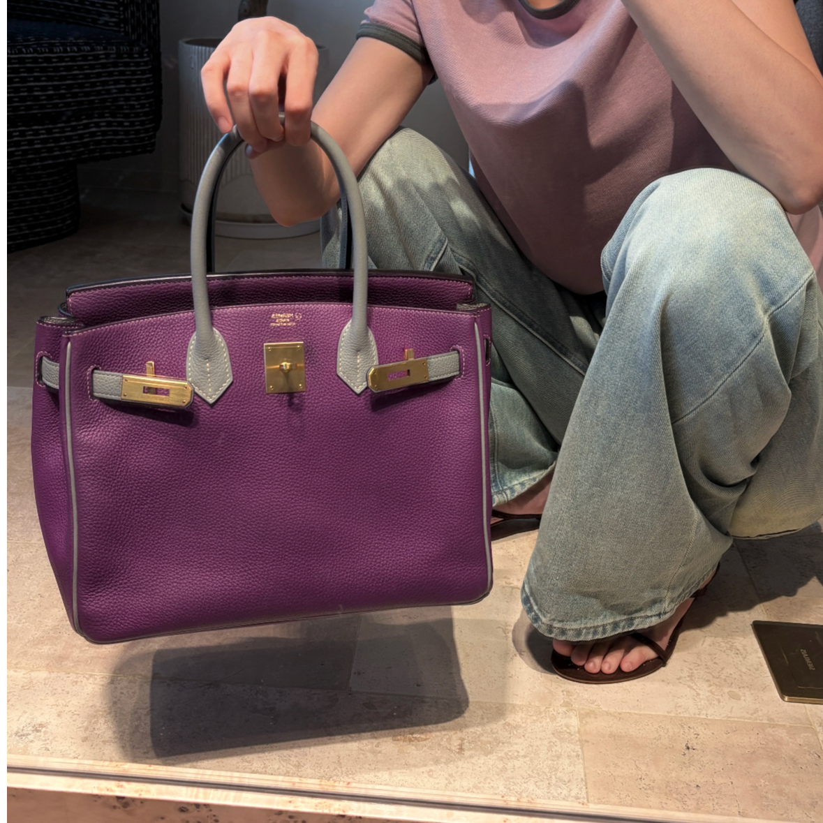 99新 Hermes/爱马仕 小花JerryBirkin 30 海葵紫拼海鸥灰 A刻包