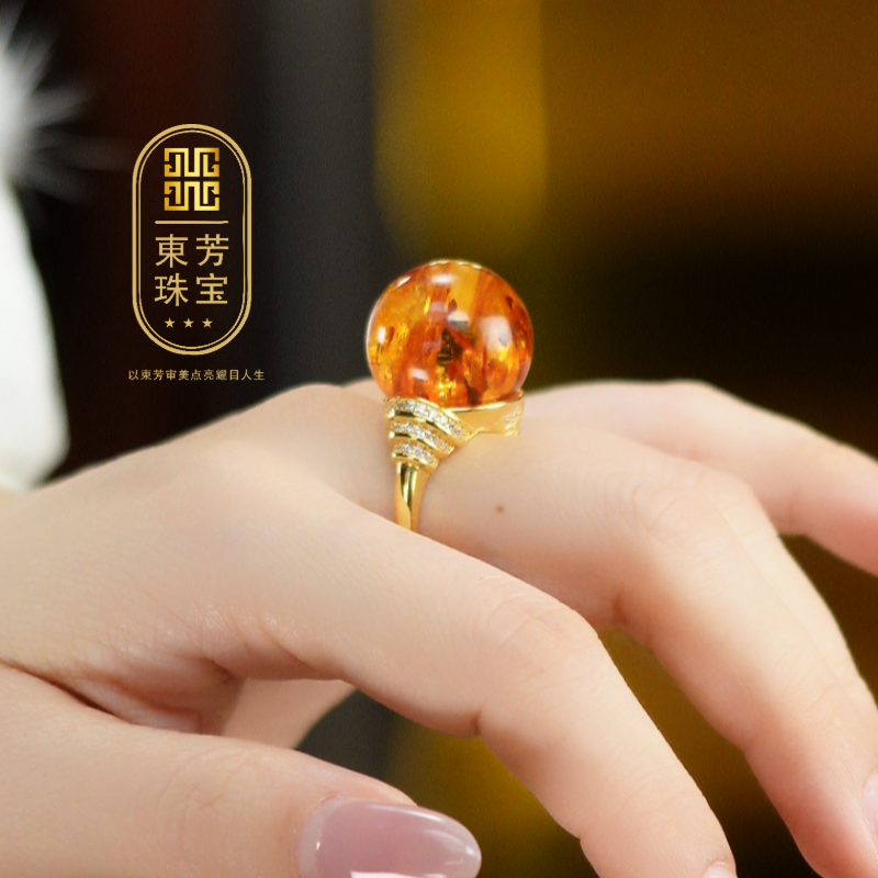 東芳珠宝-18mm俄罗斯天然花珀戒指琥珀戒指活口银戒可调节