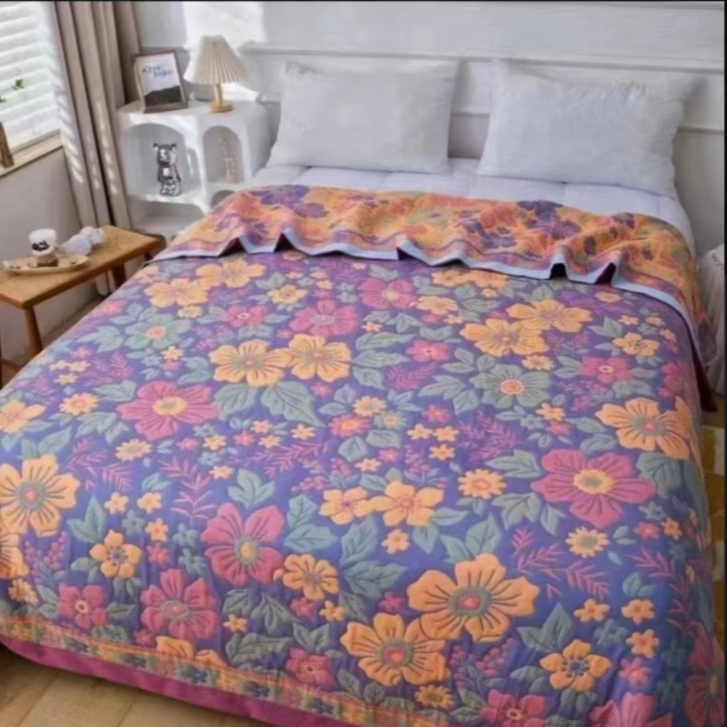 全棉纱布盖毯--彩色花朵多功能双面加厚大床夹棉布床精梳-3