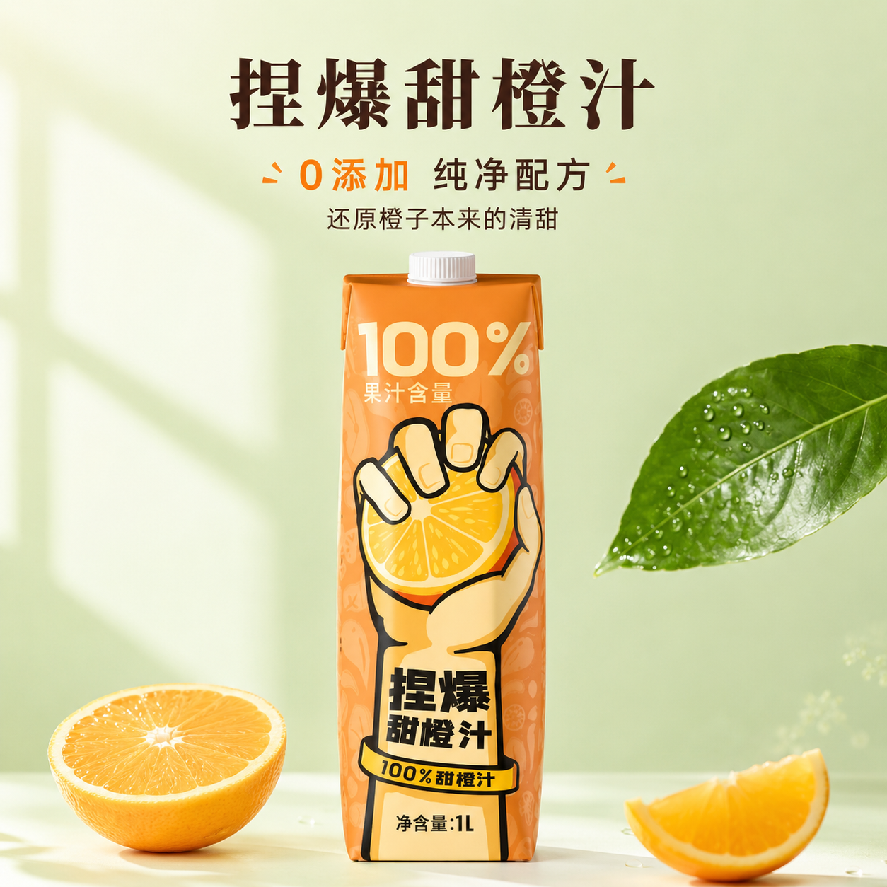 哪吒1L*2瓶鲜榨橙汁无添加捏爆甜橙汁补充维生素浓缩果汁饮品饮料