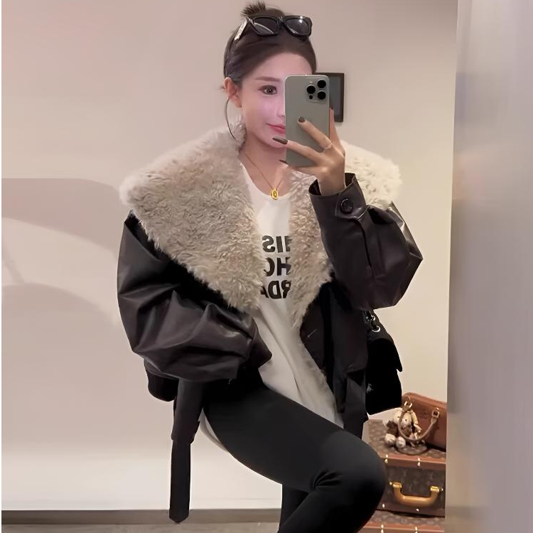 欧货爆款辣妹潮流大翻领皮毛加绒皮衣外套女冬季新款