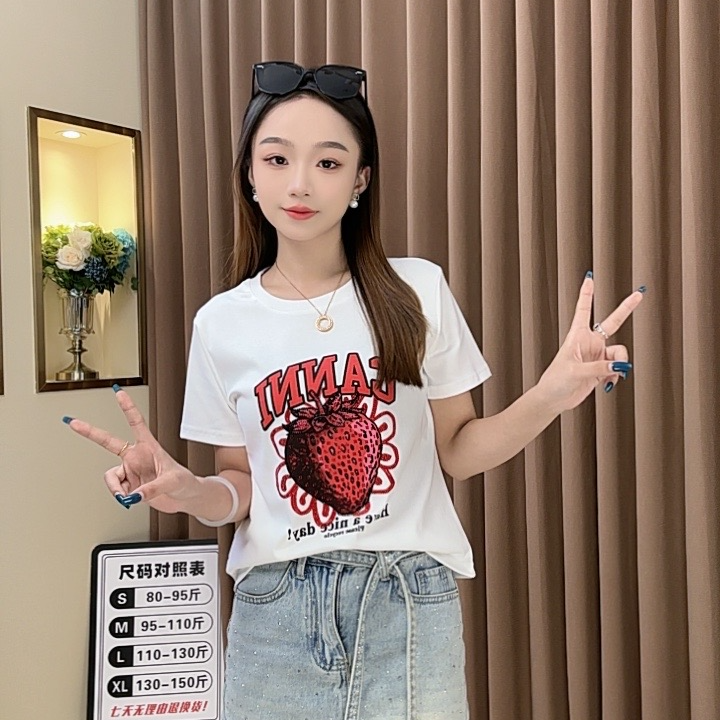 【甜酷草莓】5053#夏季新款短袖T恤女烫钻运化宽松休闲时尚圆领百搭