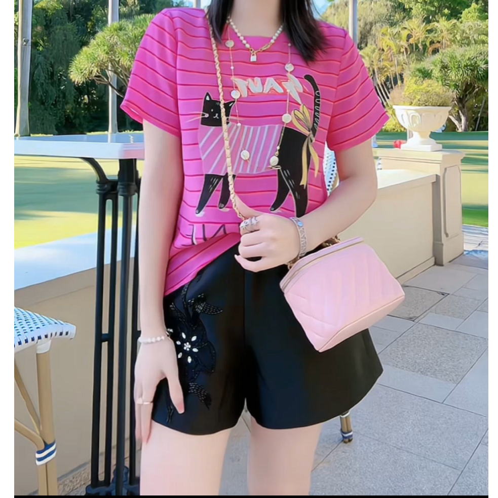 【深圳米熙儿】树莓粉小猫咪——100%桑蚕丝时尚印花减龄显瘦T恤Y012，