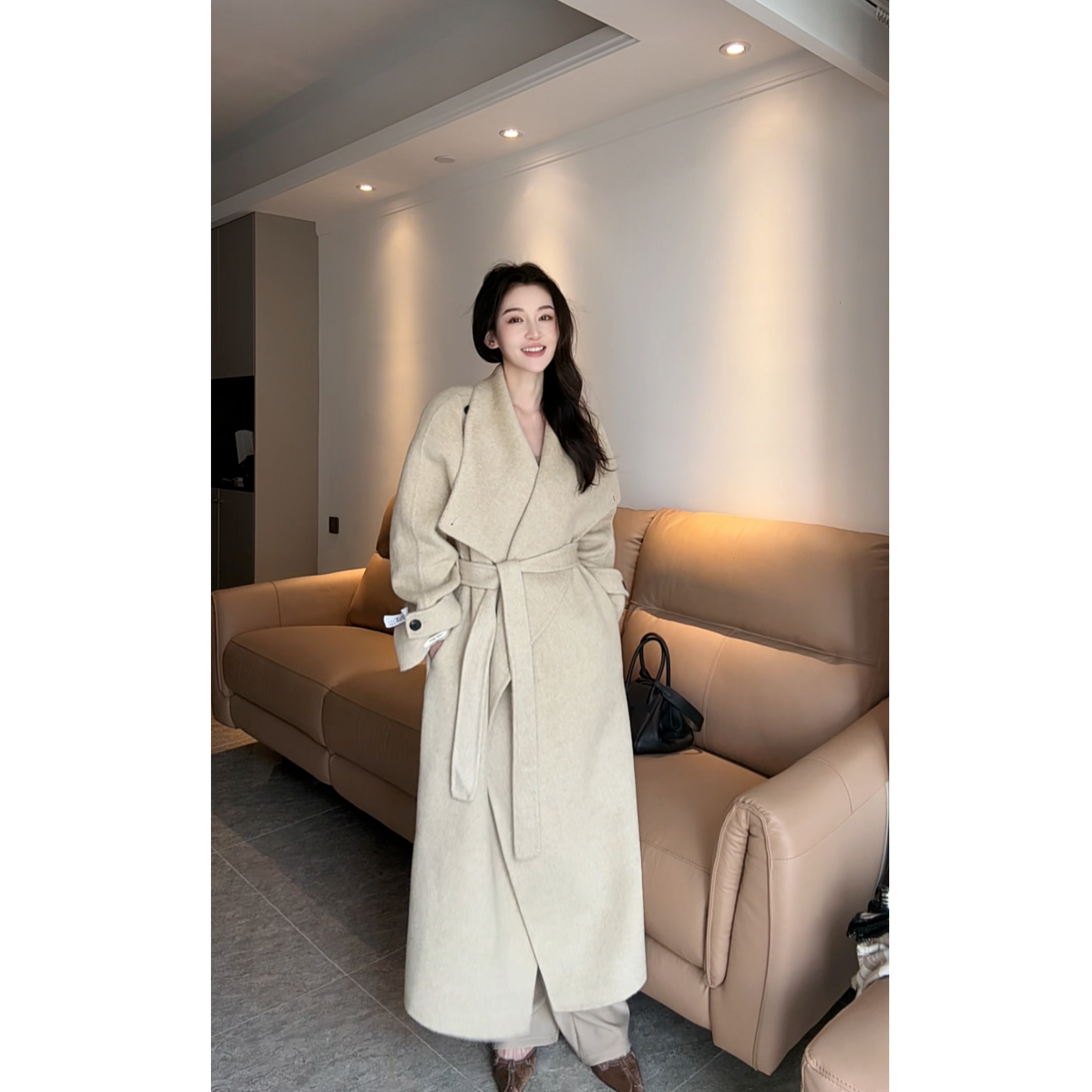 （雅婷）反季纯色秋冬双面呢羊毛大衣女加厚宽松长款毛呢外套25003