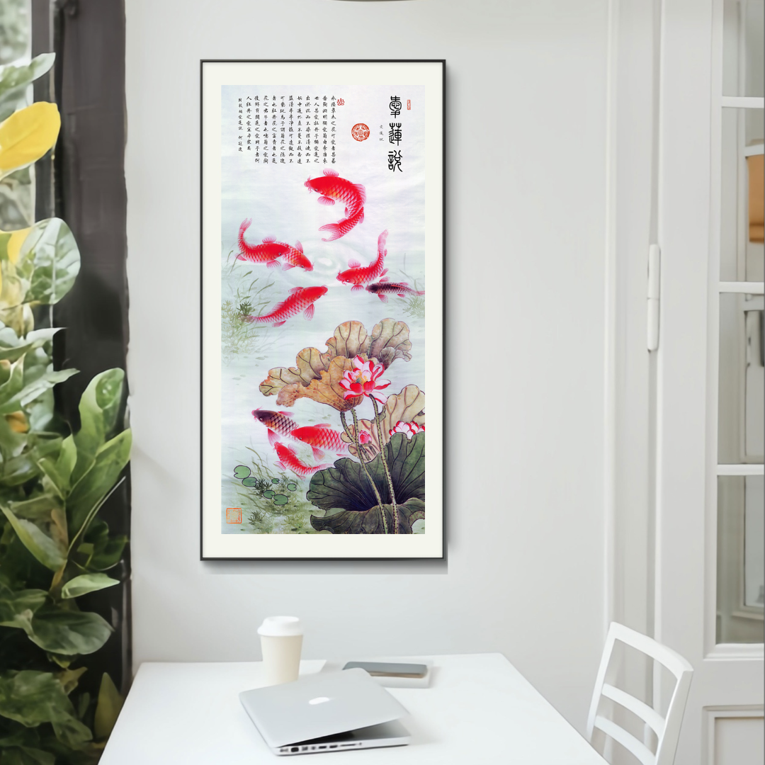 何冠逸-《爱莲说》(九鱼荷花)-68x150托底85x190【拓底装裱无框】