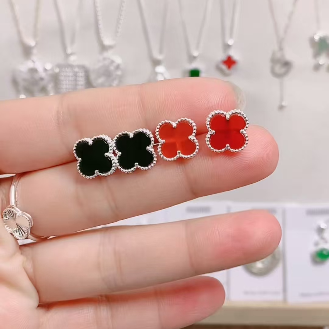 足银耳饰 足银四叶草耳钉气质轻奢高级红色日常百搭精美