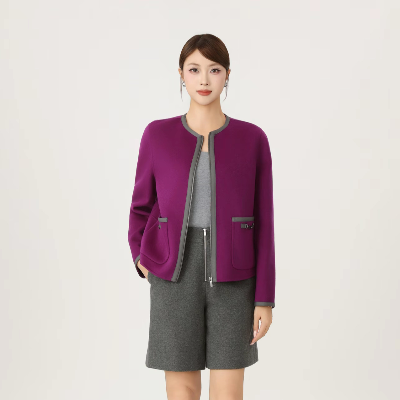 秋季长袖女厚款明线短款冬短外套女装圆领540022