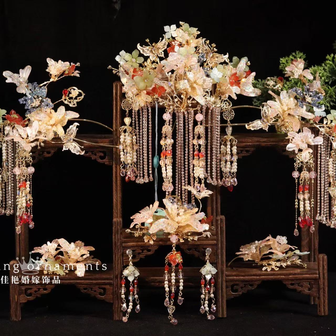 9121ETE中式古典浅色造花液花朵分体新娘古装头饰