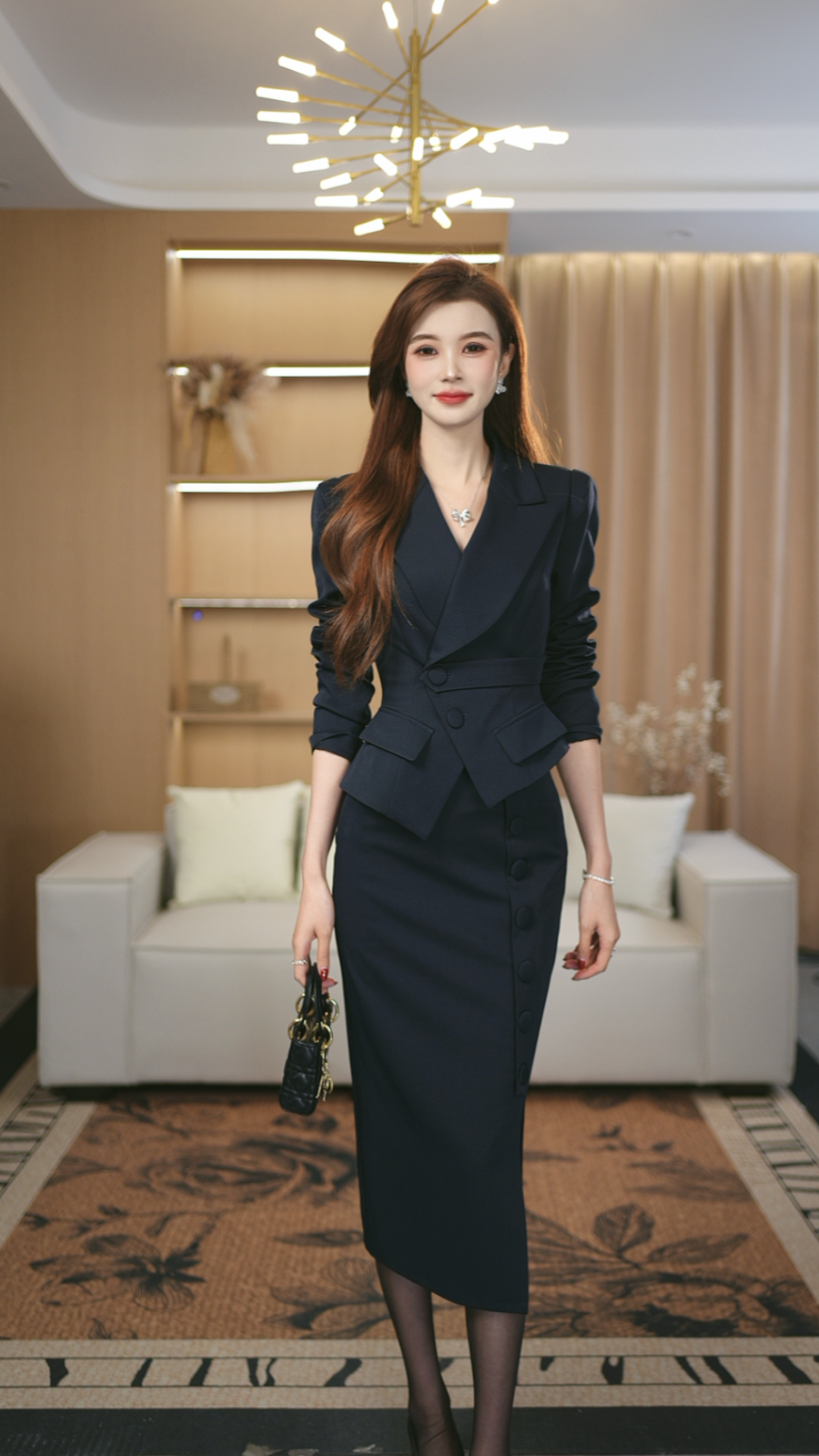 罗曼定制 高定原创深蓝气质名媛时尚西装领套装秋季+半身裙两件套