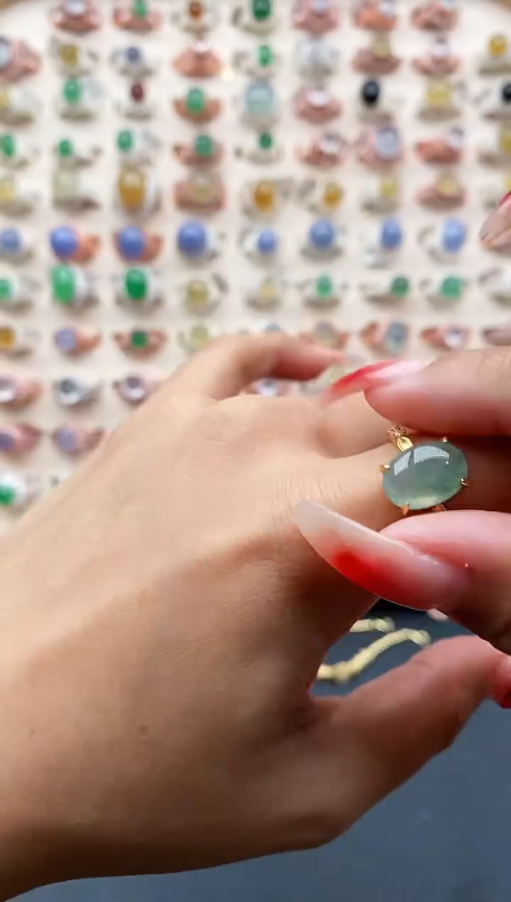 【闪购商品】翡翠戒指银S925镶嵌缅甸天然A货翡翠444 8+2