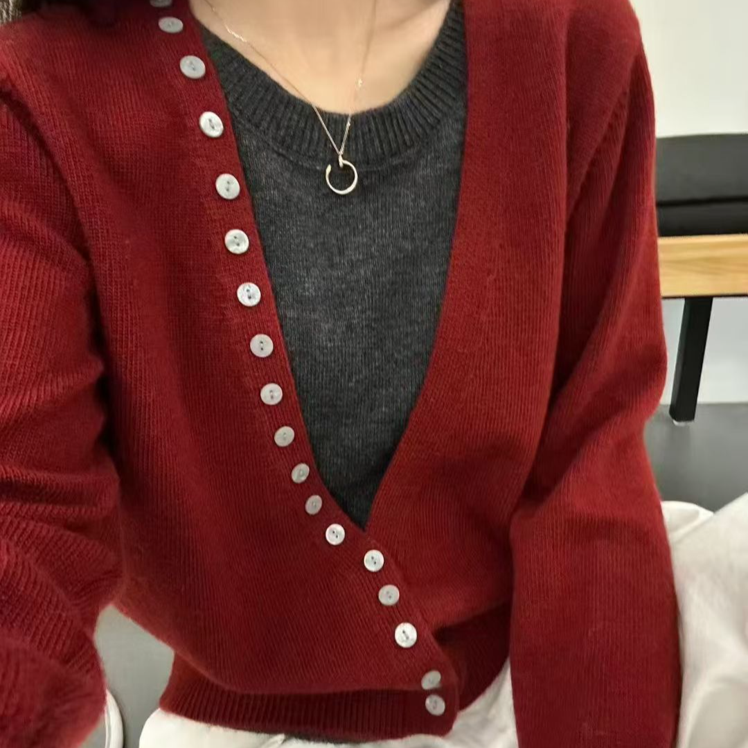 韩系撞色拼接V领长袖针织衫上衣女奇迹宽松慵懒风显瘦打底衫女装#