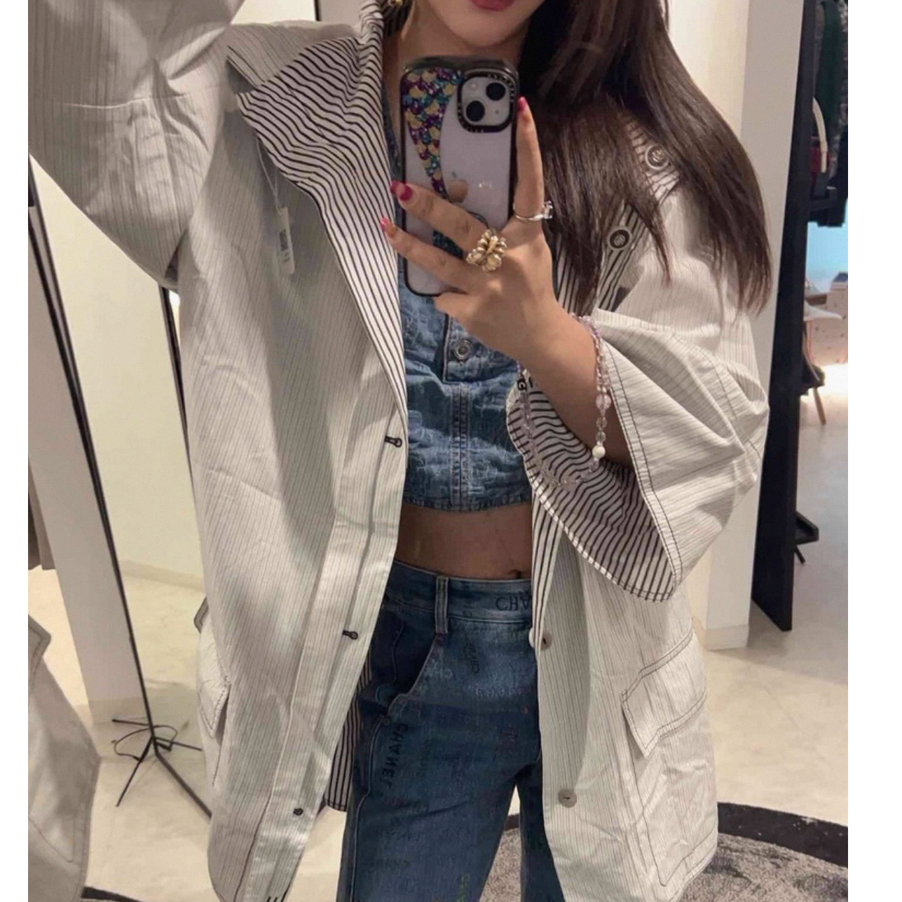 95新 Chanel/香奈儿 黑白条纹八分袖双面穿外套/f38/编号0626