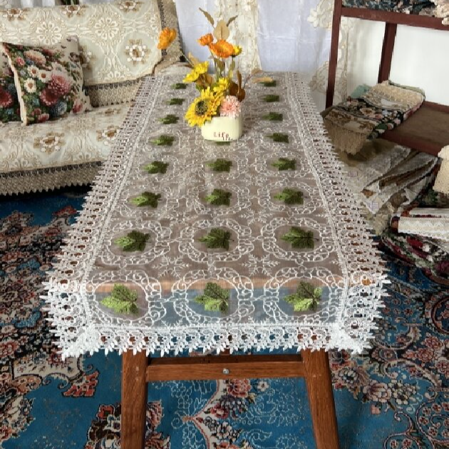 ZN012-14玻璃纱【60*150】白底绿叶高织高密玻璃纱水溶花边桌布茶