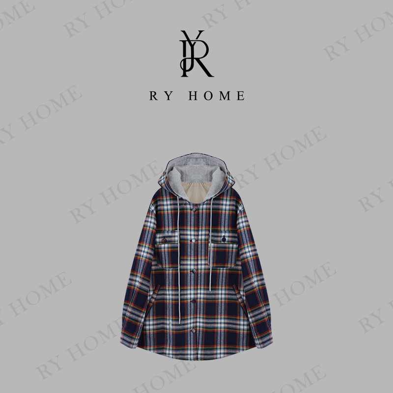 【容雨RYHOME】100棉~连帽对格抽绳中长款外套243W1907