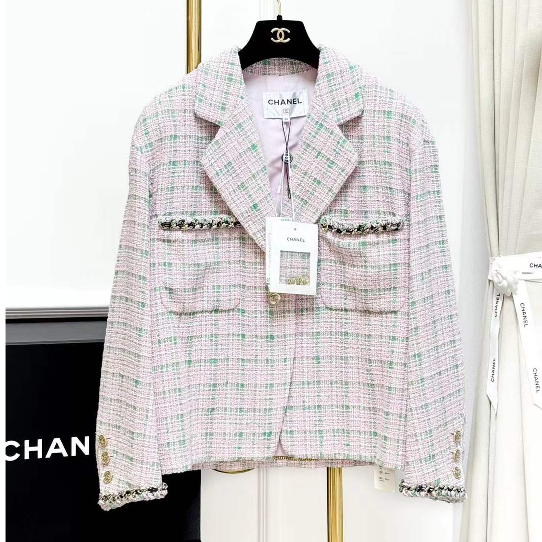 99新 Chanel/香奈儿 38码21S春夏粉绿格纹廓形外套