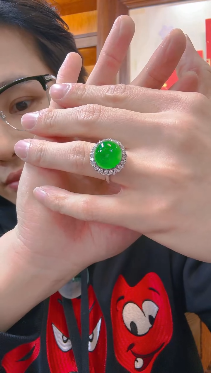 银S925镶嵌戒指翡翠天然A货翡翠